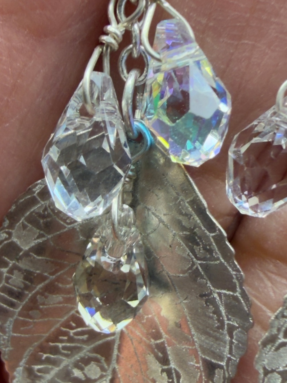 Silver tone Leaf Drop Earrings with Crystal Accents - Picture 3 of 3